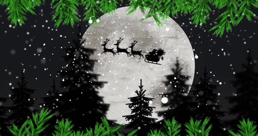 père noël, lune, sapins